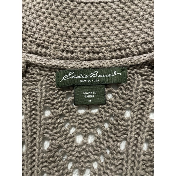 Eddie Bauer Cardigan Sweater Open Knit Tan Linen Blend Button Boho Women's M - Picture 9 of 9